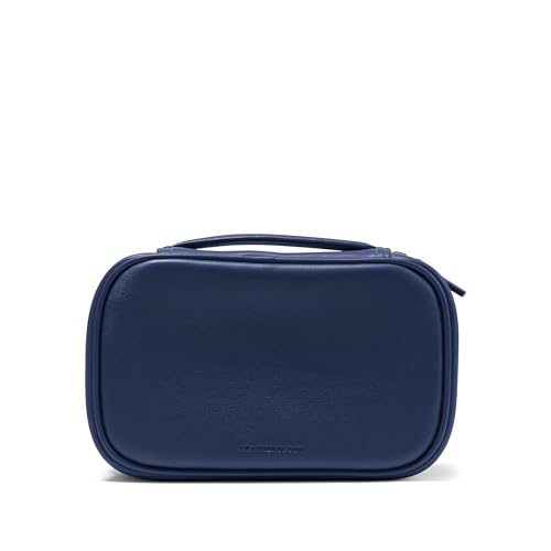 Leatherology Navy Blue Small Travel Organizer – Full-Grain Leather Tech & Toiletry Case with Zipped Mesh Pocket, Elastic Loops & Water-Resistant Lining - color: Navy Blue, size: Small - 1 Piece