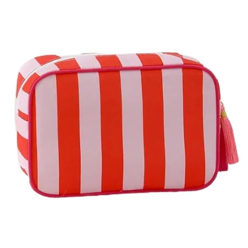 Preppy Striped Makeup Bag for Women, Structured Travel Cosmetic Pouch with Protective Sponge Padding, Large Canvas Toiletry Organizer with Tassel Zipper for Daily Purse(Red White) - color: Red White