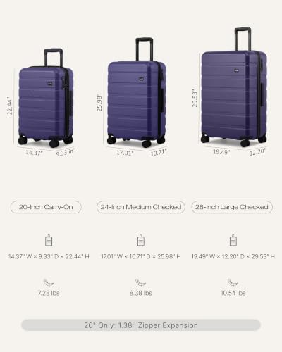 Coolife Luggage Set, 3 Piece Lightweight Durable Hardshell, Deep Purple - color: Deep Purple
