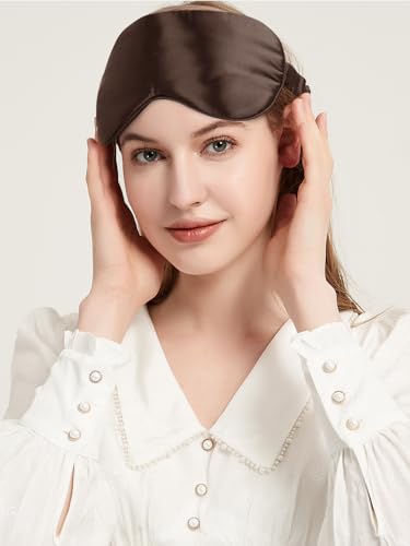100% Mulberry Silk Eye Mask for Sleeping with Silk Wrapped Adjustable Strap,Brown - color: Brown