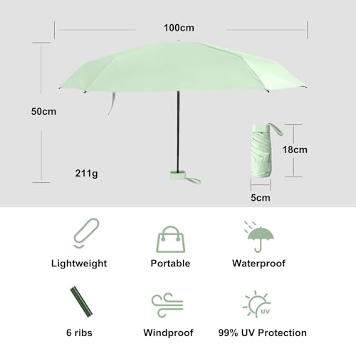 GUARAY Mini Umbrella with Case – Lightweight Folding Compact Travel Accessory, Small Sun Umbrella UV Protection for Girls, Kids & Adults, Fits in Purse Pocket Backpack - color: Light Green