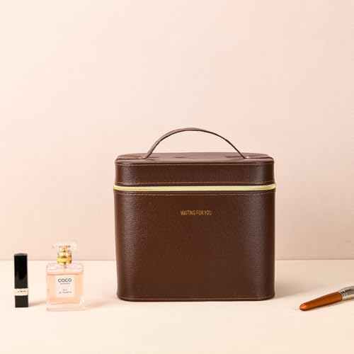 Luxury Hard brown makeup box, Portable leather hard cosmetic case with mirror, Sturdy train case make up box for women adults. (Monolayer - Brown) - color: MIX