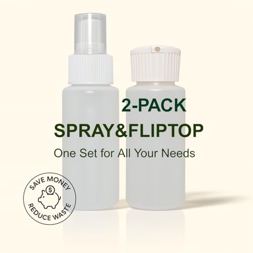 2-Pack 2oz Travel Bottles – Fine Mist Spray & Flip-Top Bottle Set – TSA Approved, FDA Compliant, Chemical Resistant, Leak-Proof, Refillable for Toiletries, Skincare, and DIY Essentials