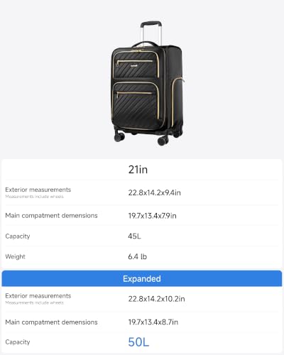 LUGGEX Expandable Softside Carry On Suitcase, Black, 21" - color: Black, size: Carry-on 21 inch