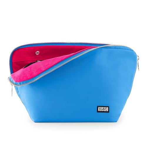 KUSSHI Washable Travel Makeup & Cosmetic Bag - Brush Organizer Sold Separately (Vacationer, Light Blue/Neon Pink) - color: Light Blue/Neon Pink, size: Vacationer (Large) Bag