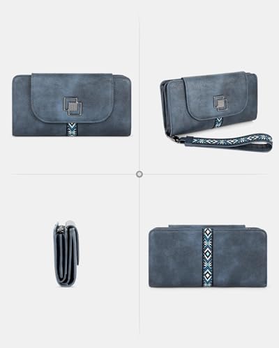 FADEON Leather Wallets for Women, Designer Large RFID Blocking Trifold - color: Dark Blue Retro Style