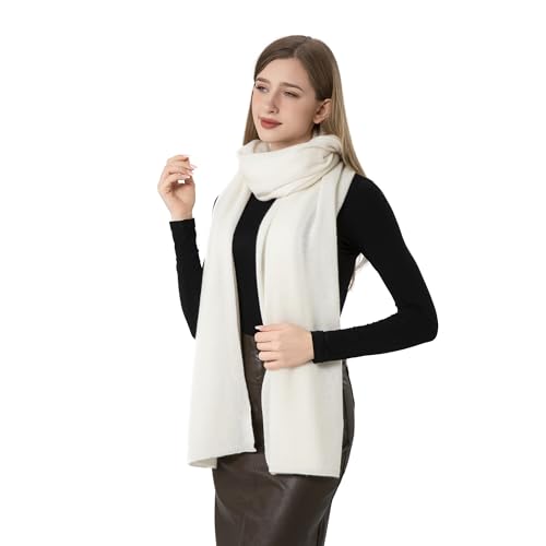 100% Cashmere Wrap Warm Soft Knitted Scarf Stole for Women Airplane Travel Blanket 87x28 in Extra Large Pashmina - color: Ivory White