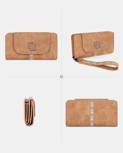 FADEON Leather Wallets for Women, Designer Large RFID Blocking Trifold - color: Camel Brown Nubuck Style