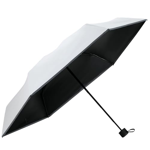 GAOYAING Compact Travel Umbrella with Reflective Safety Strips (300ft Visibility) - Ultra Portable 6.9" Folded Windproof Rain & Sun Umbrella UPF 50+ for Men Women - color: Beige