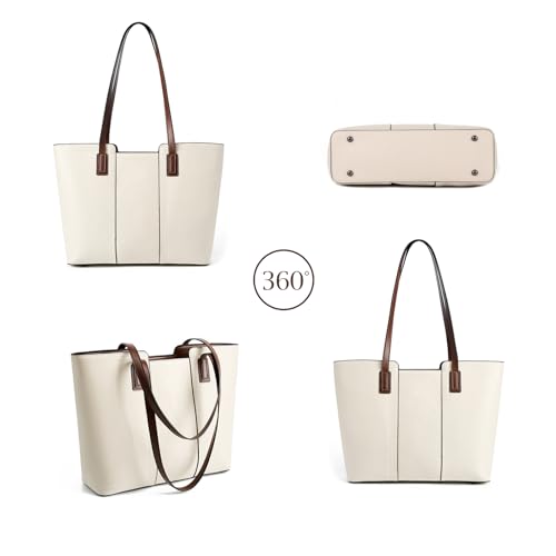 MFFOR Genuine Leather Tote Bag for Women, Large Shoulder Handbags - color: Beige