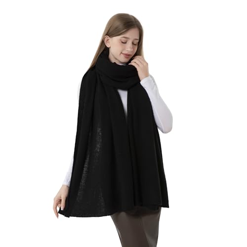 100% Cashmere Wrap Warm Soft Knitted Scarf Stole for Women Airplane Travel Blanket 87x28 in Extra Large Pashmina - color: Black