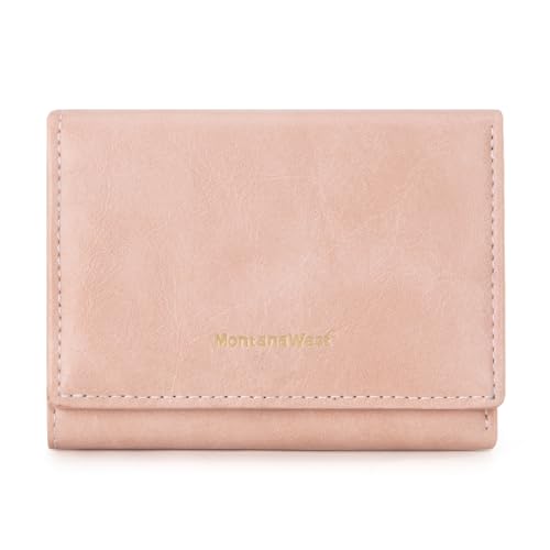 Wallet for Women Small Trifold Wallet RFID Blocking Wallets with ID Window - color: Pink
