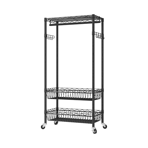 Golpart Heavy Duty Rolling Clothes Rack Wheels Portable Metal Garment Rack - color: Black-F, size: 15.75"D x 23.5"W x 72.45"H