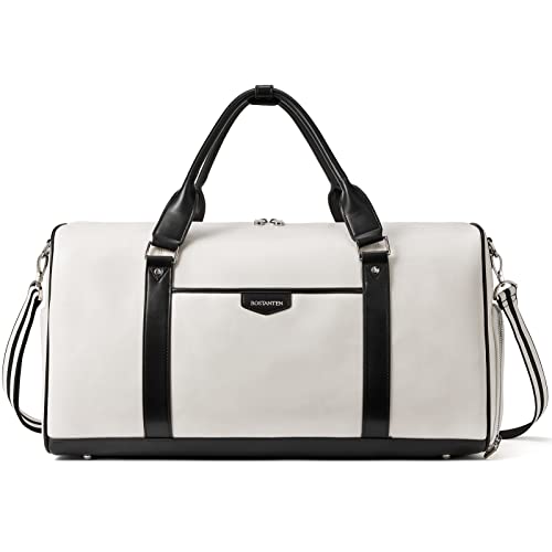 BOSTANTEN Weekender Bags for Women Leather Duffle Large Travel Bag Carry On Duffel with Shoe Compartment - color: White & Black