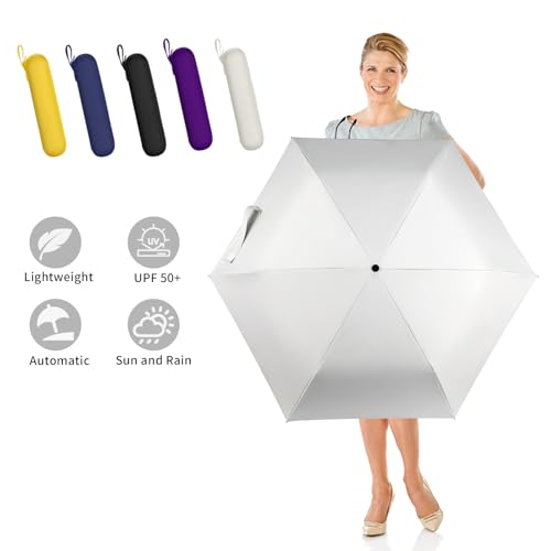 GAOYAING Compact Auto Travel Umbrella - 10.3" Folded, UPF 50+ UV Protection, Lightweight 9.3oz with Case - color: White