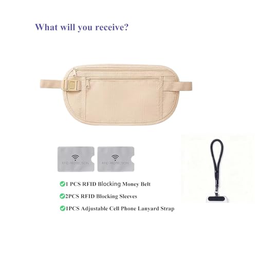 Money Belt for Travel with Anti-Theft RFID Blocking Cards Cover, Phone Wrist Strap, Passport Holder, Slim Waist Wallet Men Women, Money Pouch under Clothes for Travel, Running, Hiking, Beige - color: Beige