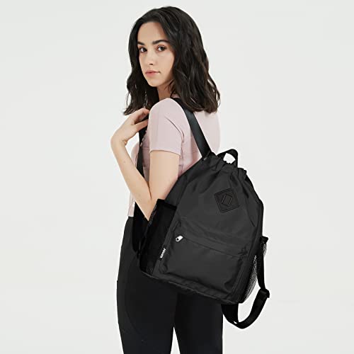 WANDF Drawstring Backpack with Shoe Compartment, Sports Gym Bag - color: S, Black, size: Small