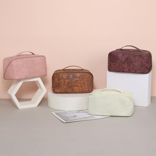 Travel Makeup Bag Cosmetic Bags for Women Large Capacity Water-resistant Portable Pouch Open Flat Toiletry Bag - color: A05-Khaki