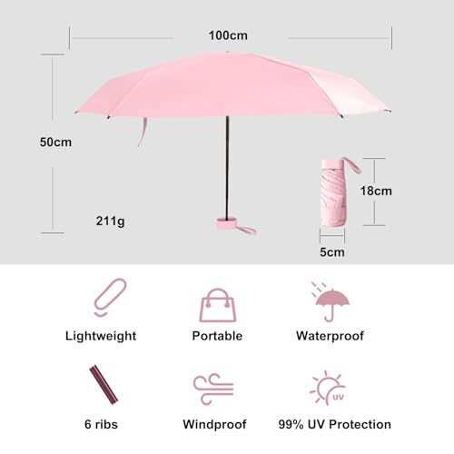 GUARAY Mini Umbrella with Case – Lightweight Folding Compact Travel Accessory, Small Sun Umbrella UV Protection for Girls, Kids & Adults, Fits in Purse Pocket Backpack - color: Pink