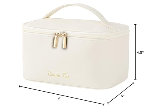 Meiyuuo Travel Makeup Bag for Women, PU Leather Cosmetic Bag, Beige - color: Light Beige