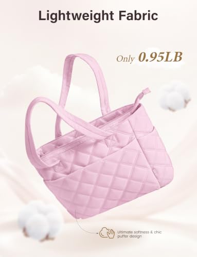 Uselike Tote Bag for Women, Lightweight Puffer Tote Work Bags with Compartments for Travel, Quilted Shoulder Bag with Zipper - color: Cherry Blossom