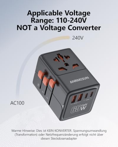 Universal Travel Adapter, International Power Adapter with 4 USB (GaN 65W) - color: 65W 2A2C Black