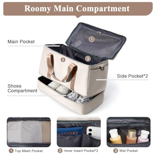 Travel Duffle Bag with Shoe Compartment, Overnight Weekender Bags for Women - color: Beige & Brown
