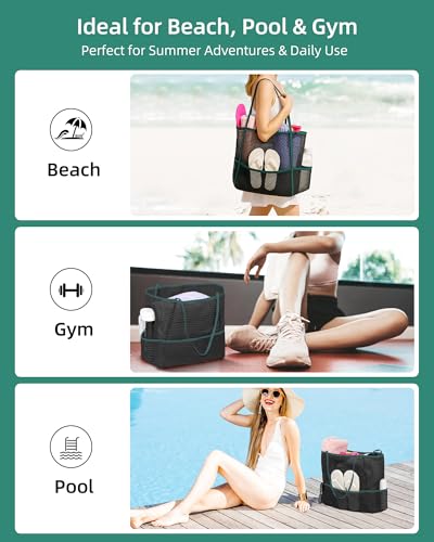 Mesh Beach Tote Bag for Women, 2-in-1 Large Lightweight Foldable Design - color: Black