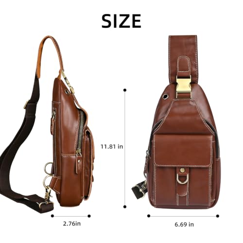 Genuine Leather Hiking Travel DayPack Sling Crossbody Triangle Chest Pack Bag For Men Women 8241 (E-Coffee 1) - color: E-coffee 1