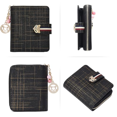 FOXLOVER Genuine Leather Zip Small Wallet Women RFID Blocking Credit Card Bifold Wallet Business Card Holder with ID Window(Black) - color: 03-Black
