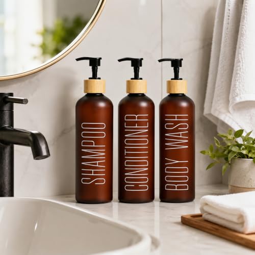 16oz Brown Shampoo and Conditioner Dispenser- Empty Refillable Pump Bottles - color: Brown&bamboo Pump