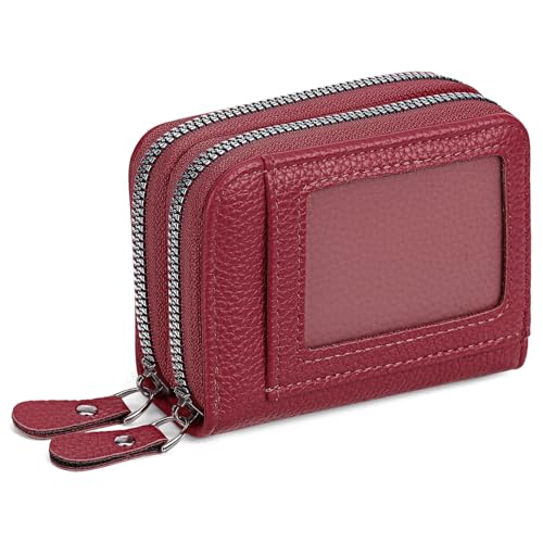 RNIEGA Credit Card Holder Wallet RFID Blocking Leather Small Wallet for Women Double Zipper Wallet with ID Window - color: A-Burgundy
