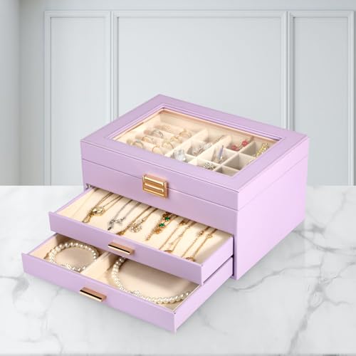 Voova 3-Layer PU Leather Jewelry Box with Glass Lid, Lavender - color: Lavender three-layer, size: 3 Layer
