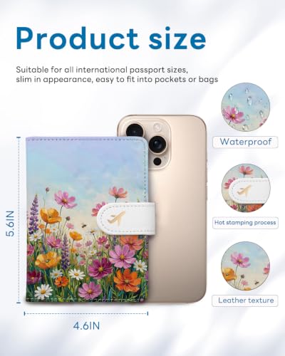 RFID Passport Holder with Tracker Slot, Leather Travel Wallet - color: Wildflowers