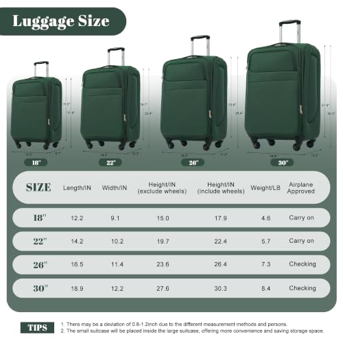 Merax 4-Piece Expandable Luggage Set,Softside Suitcase,Dark Green - color: Dark Green+18IN, style: Softside Luggage(22/26/30)