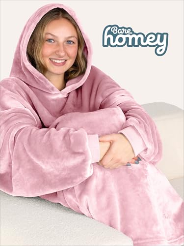Bare Home Microplush Wearable Blanket with Side Pockets - Soft and Plush - Warm and Cozy - Adult & Kid Sizes (Adult, Light Pink) - color: Light Pink, style: Adult - Side Pockets