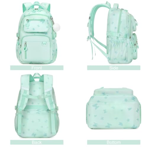 Bevalsa Backpack for Girls Backpack for School with Lunch Bag Pencil Case - color: Green Butterfly