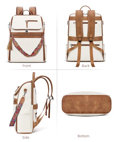 SYTRAH Leather Laptop Backpack for Women 16.5 inch Computer Packs Beige - color: Beige Brown