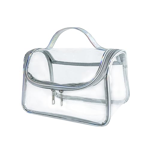 Heavy Duty Clear Travel Makeup Bag, 9.05 x 5.9 x 5.51 inches, Transparent Waterproof Toiletry Organizer with Handle PVC Cosmetic Wash Bath Storage Bag (Clear) - color: silver