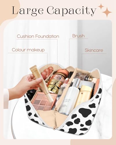 Bistup Makeup Bag Travel Cosmetic Bag Toiletry Make Up Bags Cute Women Large Capacity Big Medium Leather Cow Print Aesthetic Girl Teen Teenage Foldable Expandable Open Flat Zip - color: 5-Cow Print