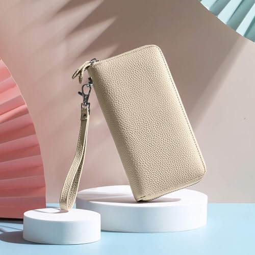 Moflycom Womens Wallet RFID Blocking Genuine Leather Zip Clutch Wristlet - color: Y1-Beige