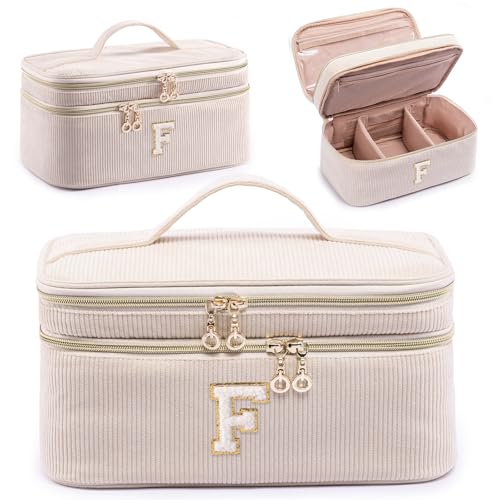 AMOIGEE Initial Makeup Bag Organizer,Personalized Double Layer Train Case, Travel Toiletry Bag for Makeup Brushes for Teens Girl, Skincare Gift Set, Initial Cute Cosmetic Make Up Bag for Women - size: F