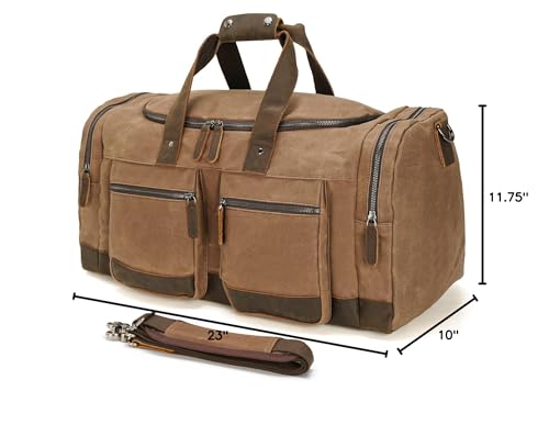Polare 23” Waxed Canvas Cowhide Leather Waterproof Travel Duffel Bag Trim Luggage Weekender Overnight Carry on Hand Bag - color: Brown-23"
