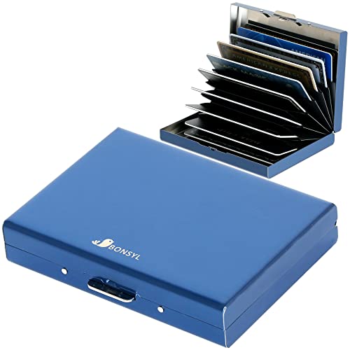 BONSYL® Metal Credit Card Holder for Ladies and Men, RFID Blocking Credit Cards Protector, Stainless Steel Credit Card Holder Wallet with 10 Card Slots. (10 Card/Blue) - color: 10 Card/Blue