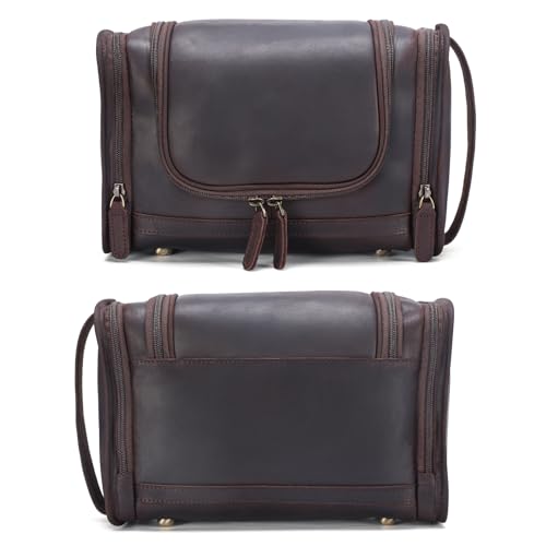 Polare Full Grain Leather Toiletry Bag Travel Dopp Kit Makeup Cosmetic Organizer Shaving Kit Wash Case with Hanging Hook - color: A-Dark Brown