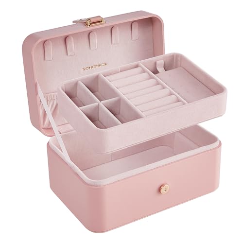 SONGMICS Travel Jewelry Organizer, 2-Layer Portable Jewelry Box Case - color: Jelly Pink