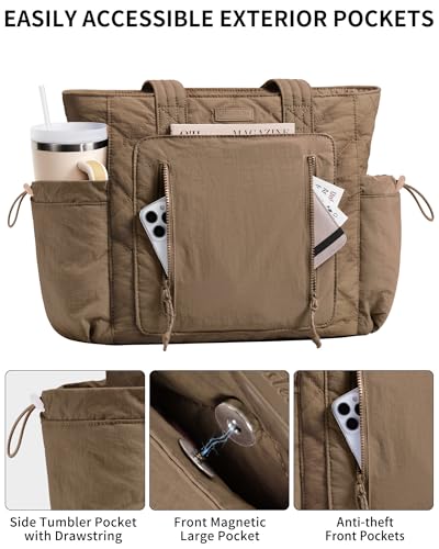 Bagstellar Puffer Tote Bag for Women, Lightweight Puffy Work Laptop Handbag - color: Dark Khaki
