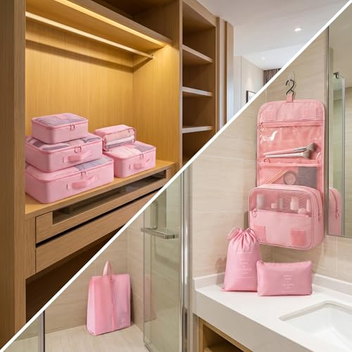 8 Piece Travel Organiser Set, Comprising a Toiletries Bag, Shoe Bag, Underwear Bag, Flat Pouch, Travel Packing Cube Bag (Pink, Medium) - color: Pink