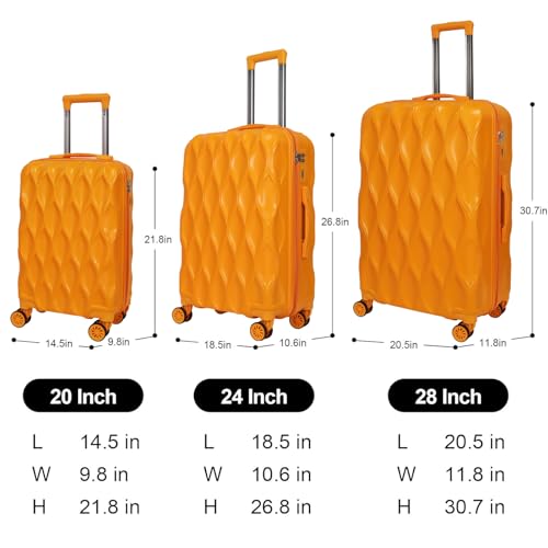 3 piece luggage set hard shell luggage lightweight luggage long vacation luggage set with 8 wheels Spinner Suitcases Suitcase Set Made of ABS+PC (Small, Medium & Large) (Black) - color: tangerine