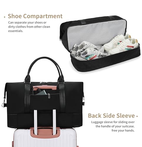 Women's Weekender bag Travel Duffel Bag with Shoe Compartment 21-inch Airline-Approved Carry-On, 2-Piece Overnight Bag Set Personal Item Luggage - color: D-Black